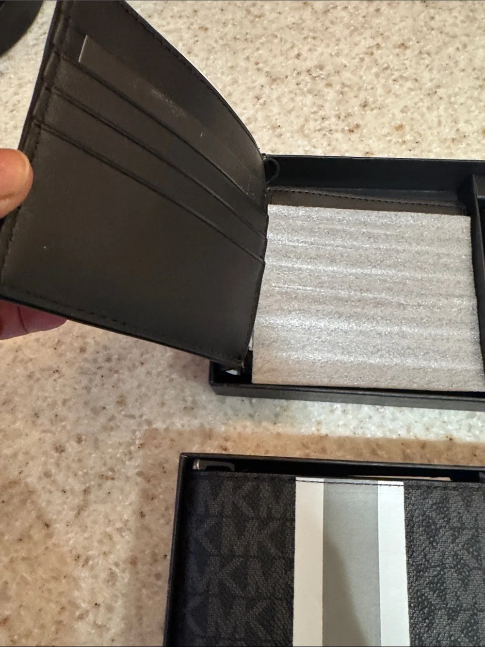 Michael Kors Men's Black MK Monogram Wallet Set with Red & Gray Center Stripes